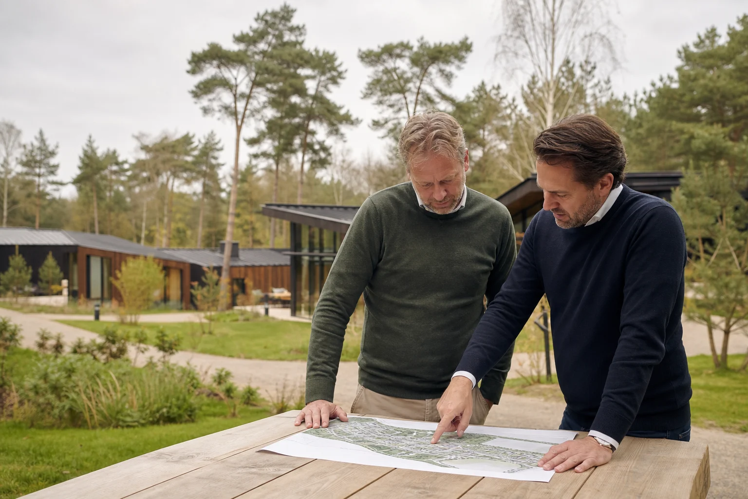 Parkondernemer en adviseur bespreken samen een plattegrond van een vakantiepark
