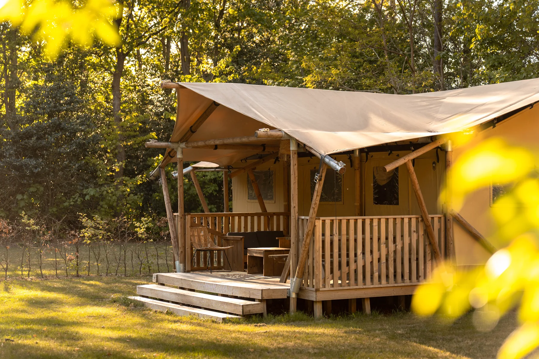 Glamping tent met houten veranda tussen de bomen op Gooise Heide